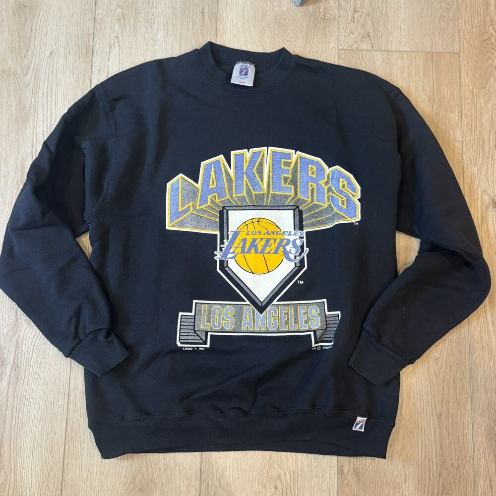 Vintage Logo 7 Los Angeles Lakers NBA 1990 NBA Black Crewneck Sweatshirt Retro